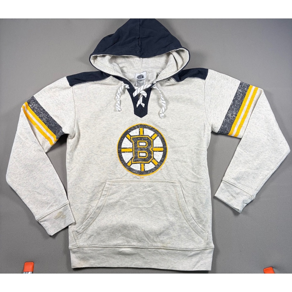 Boston Bruins Lace Up NHL Hoodie Sweatshirt Gray Navy Blue Mens Small Hockey